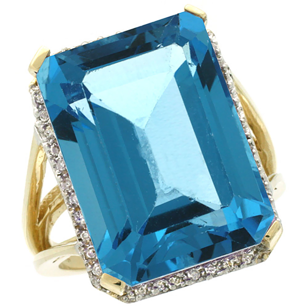 14K Yellow Gold Diamond Natural London Blue Topaz Ring Emerald-cut 18x13mm, sizes 5-10