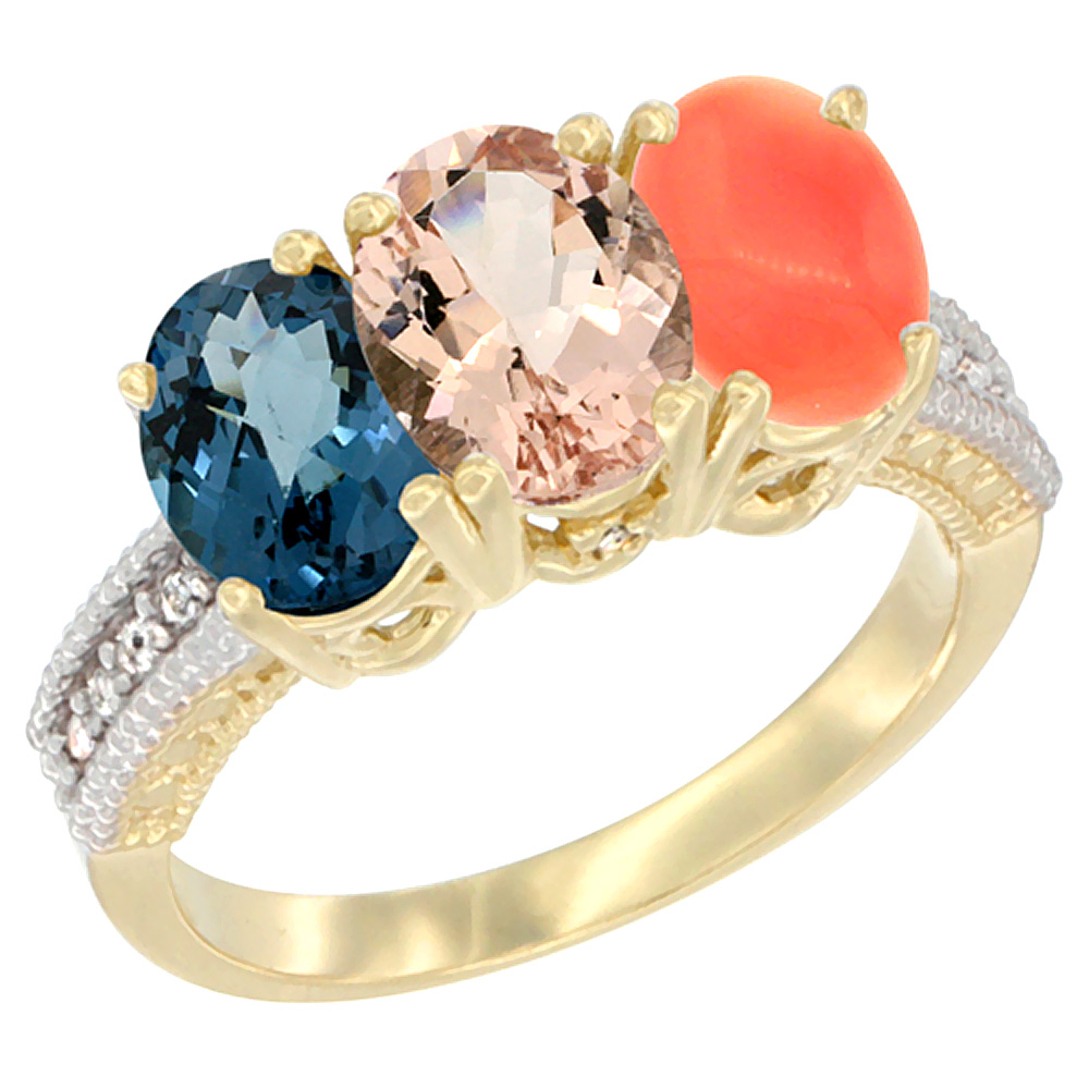 14K Yellow Gold Natural London Blue Topaz, Morganite & Coral Ring 3-Stone 7x5 mm Oval Diamond Accent, sizes 5 - 10