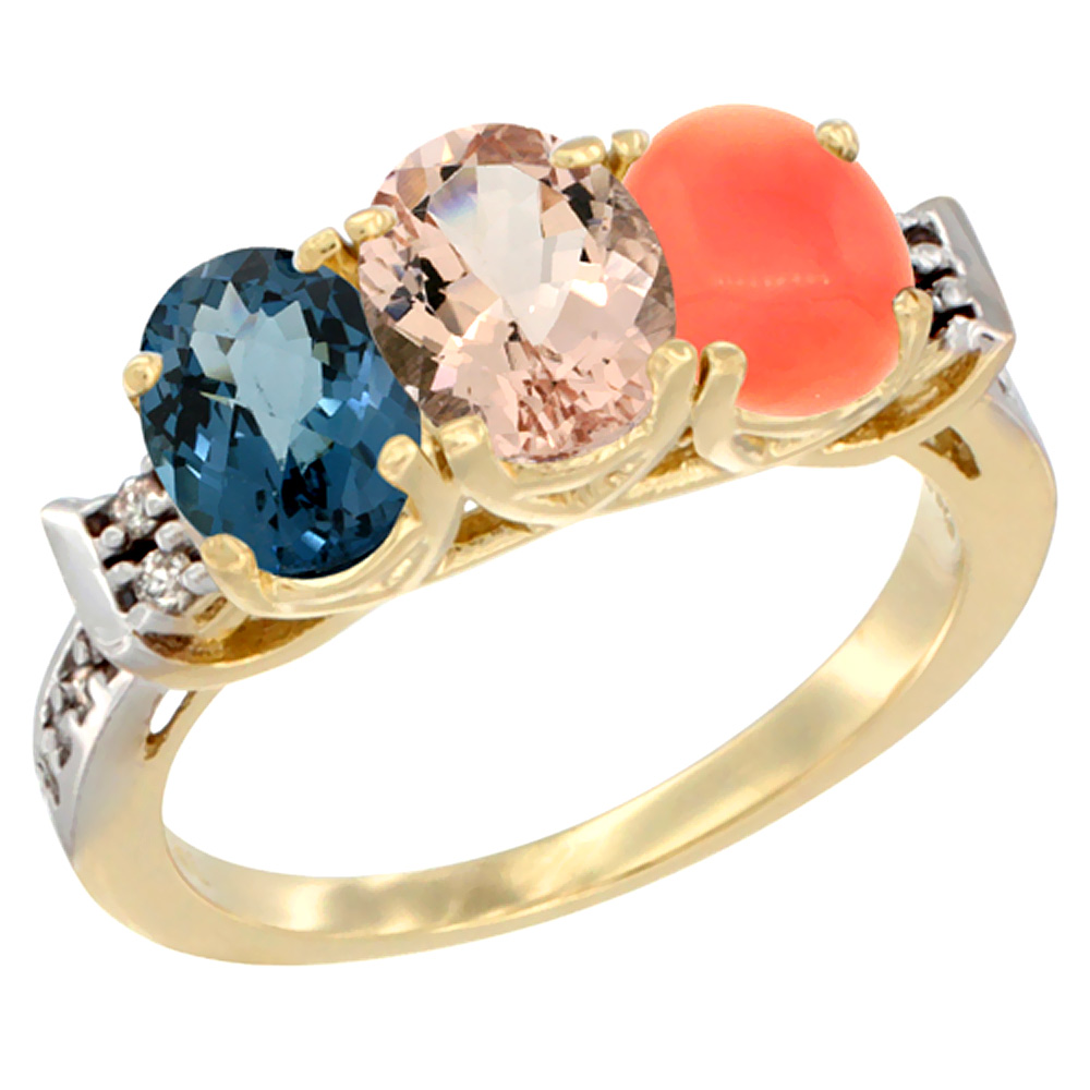 10K Yellow Gold Natural London Blue Topaz, Morganite &amp; Coral Ring 3-Stone Oval 7x5 mm Diamond Accent, sizes 5 - 10