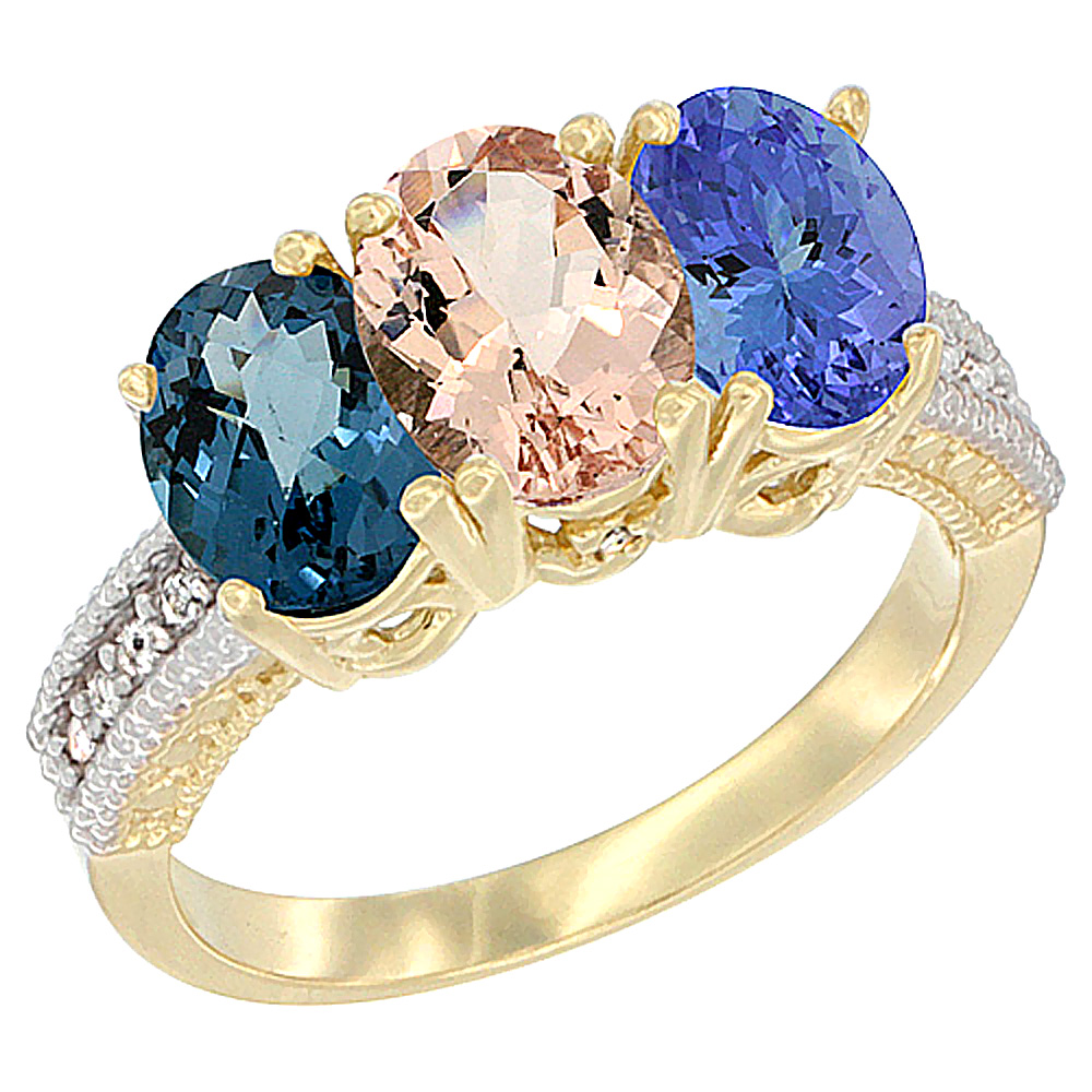 10K Yellow Gold Diamond Natural London Blue Topaz, Morganite & Tanzanite Ring 3-Stone Oval 7x5 mm, sizes 5 - 10