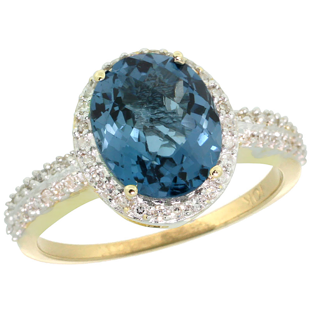 10K Yellow Gold Diamond Natural London Blue Topaz Engagement Ring Oval 10x8mm, sizes 5-10