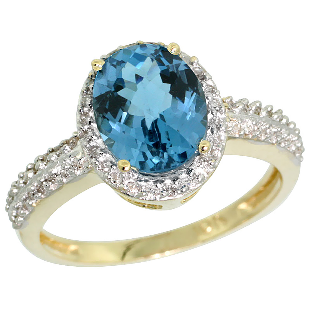 10K Yellow Gold Diamond Natural London Blue Topaz Ring Oval 9x7mm, sizes 5-10