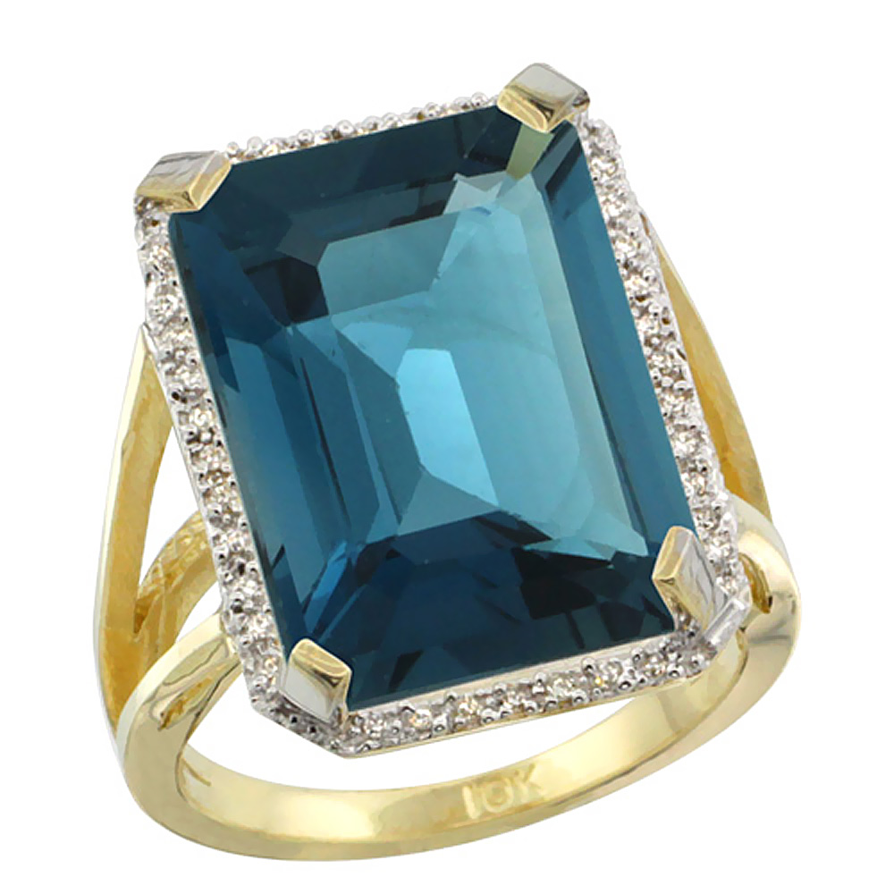 10K Yellow Gold Diamond Natural London Blue Topaz Ring Emerald-cut 18x13mm, sizes 5-10