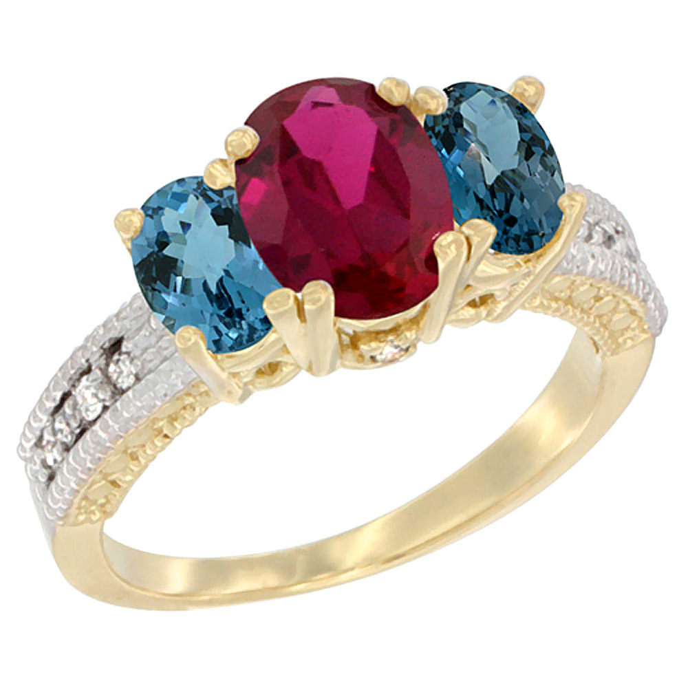 10K Yellow Gold Diamond Enhanced Ruby Ring Oval 3-stone with London Blue Topaz, sizes 5 - 10