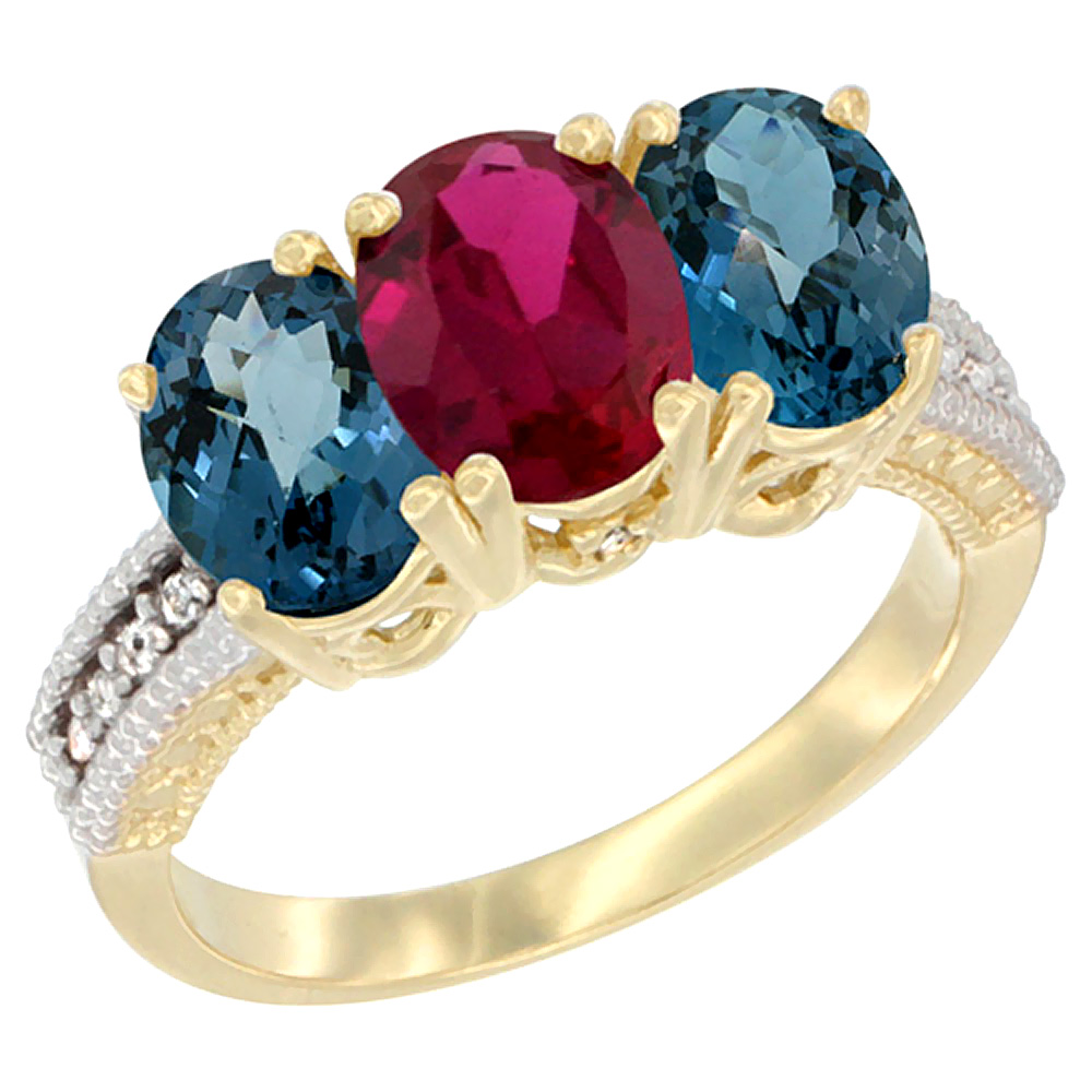 14K Yellow Gold Diamond Enhanced Ruby &amp; Natural London Blue Topaz Ring 3-Stone 7x5 mm Oval, sizes 5 - 10
