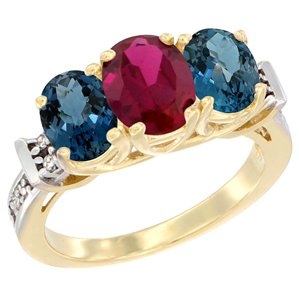 10K Yellow Gold Enhanced Ruby &amp; London Blue Topaz Sides Ring 3-Stone Oval Diamond Accent, sizes 5 - 10
