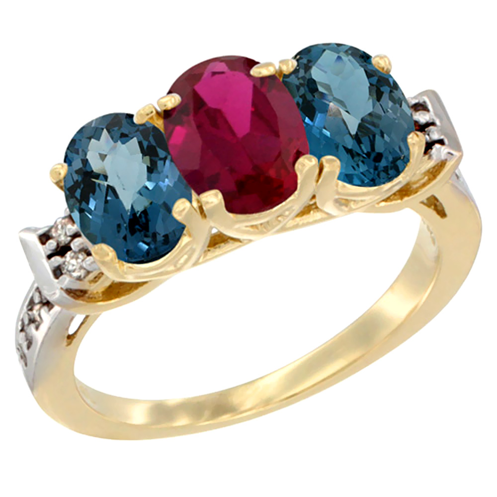 10K Yellow Gold Enhanced Ruby &amp; Natural London Blue Topaz Sides Ring 3-Stone Oval 7x5 mm Diamond Accent, sizes 5 - 10
