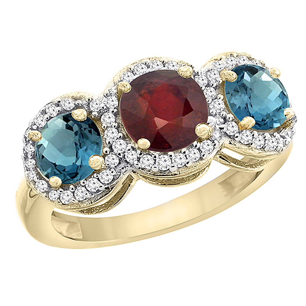 14K Yellow Gold Enhanced Ruby & London Blue Topaz Sides Round 3-stone Ring Diamond Accents, sizes 5 - 10