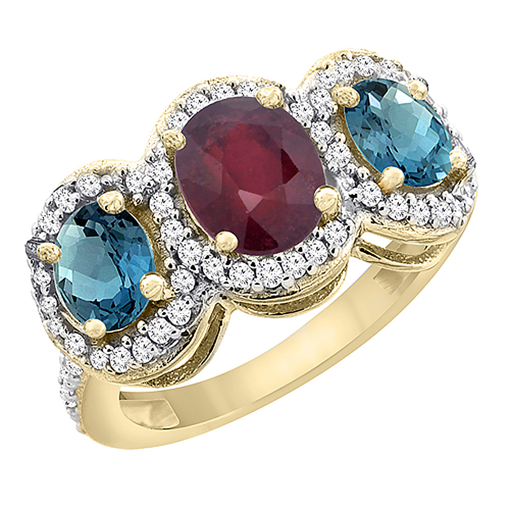 14K Yellow Gold Natural Quality Ruby & London Blue Topaz 3-stone Mothers Ring Oval Diamond Accent,sz5-10