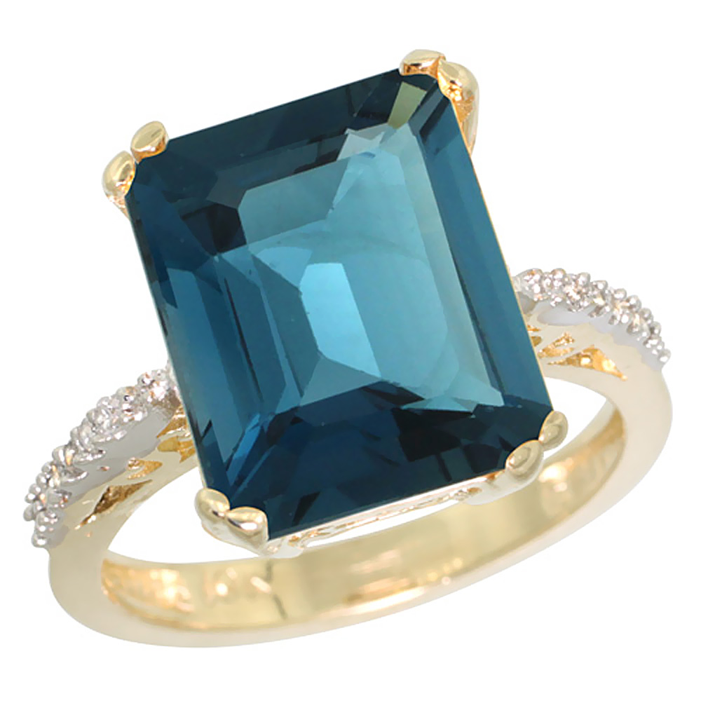 14K Yellow Gold Diamond Natural London Blue Topaz Ring Emerald-cut 12x10mm, sizes 5-10