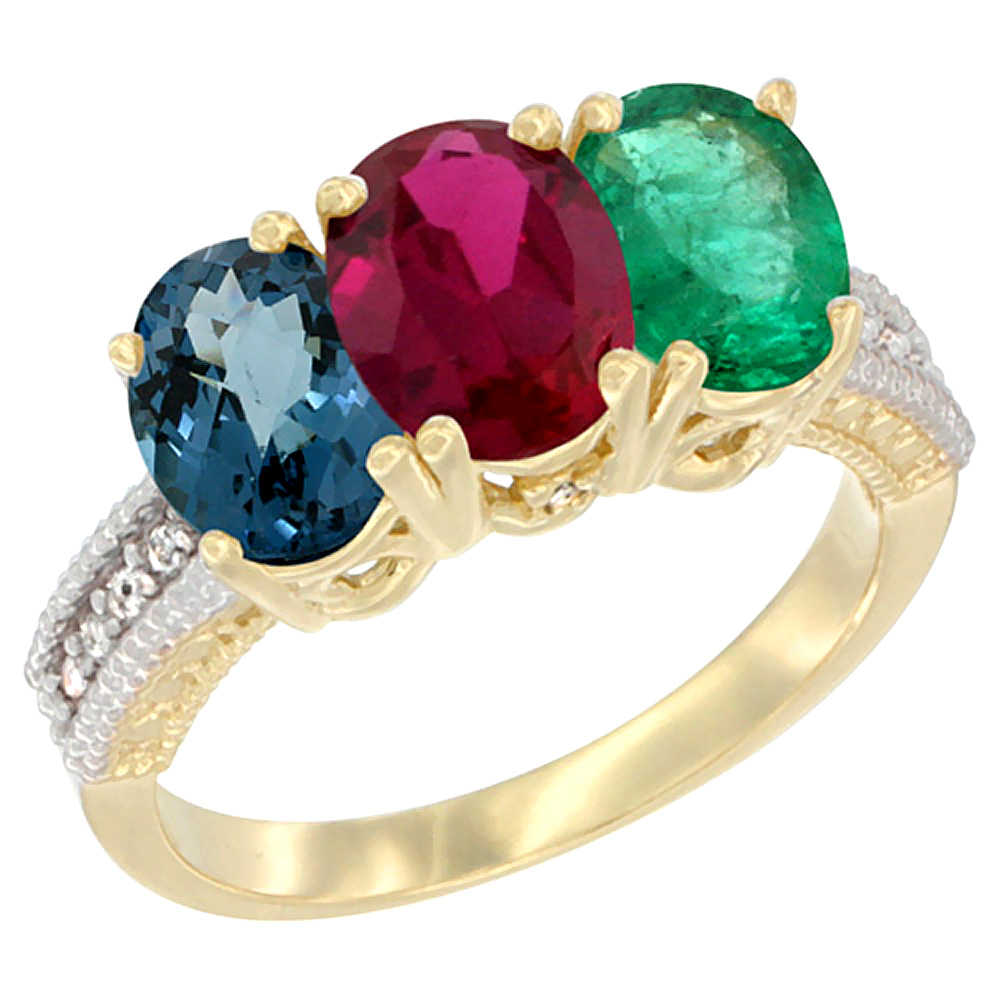 10K Yellow Gold Diamond Natural London Blue Topaz, Ruby & Emerald Ring 3-Stone Oval 7x5 mm, sizes 5 - 10