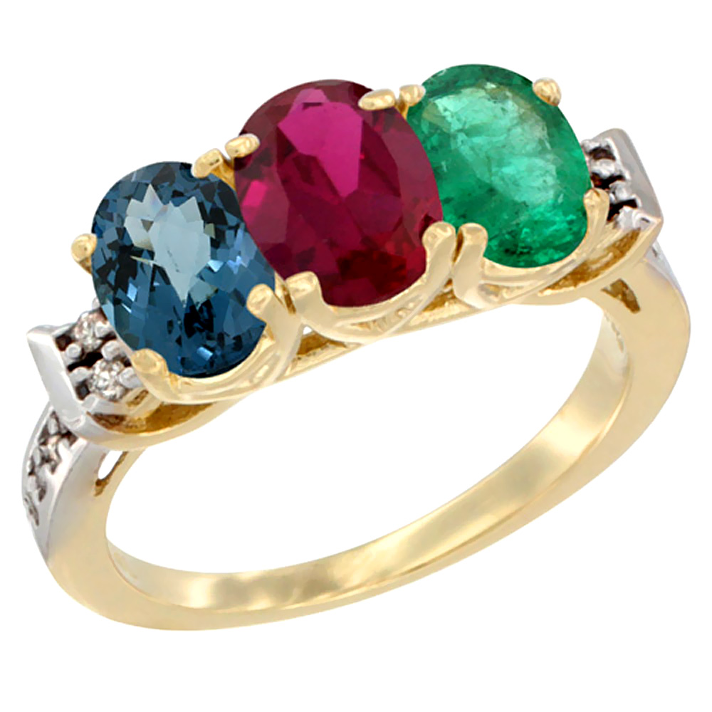 10K Yellow Gold Natural London Blue Topaz, Enhanced Ruby &amp; Natural Emerald Ring 3-Stone Oval 7x5 mm Diamond Accent, sizes 5 - 10
