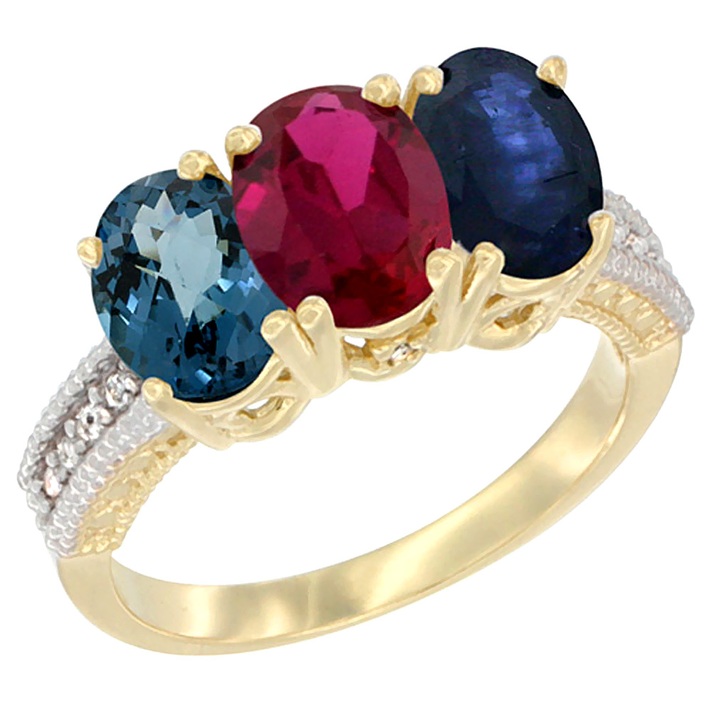 10K Yellow Gold Diamond Natural London Blue Topaz, Ruby &amp; Blue Sapphire Ring 3-Stone Oval 7x5 mm, sizes 5 - 10
