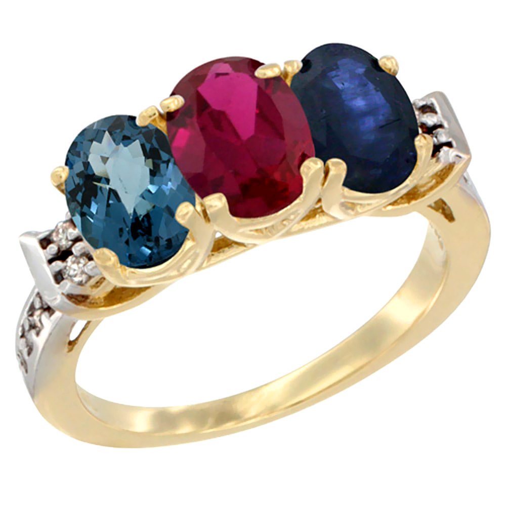 10K Yellow Gold Natural London Blue Topaz, Enhanced Ruby & Natural Blue Sapphire Ring 3-Stone Oval 7x5 mm Diamond Accent, sizes 5 - 10