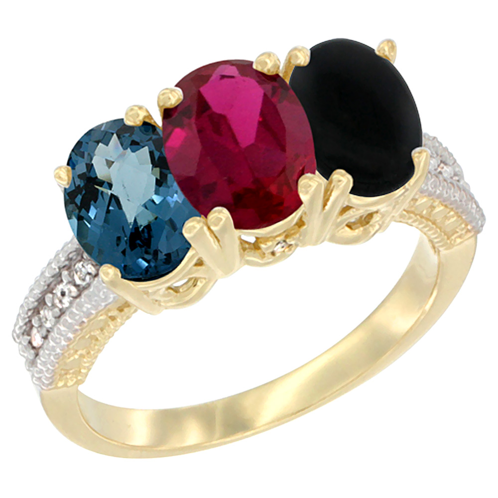 14K Yellow Gold Natural London Blue Topaz, Enhanced Ruby & Natural Black Onyx Ring 3-Stone 7x5 mm Oval Diamond Accent, sizes 5 - 10