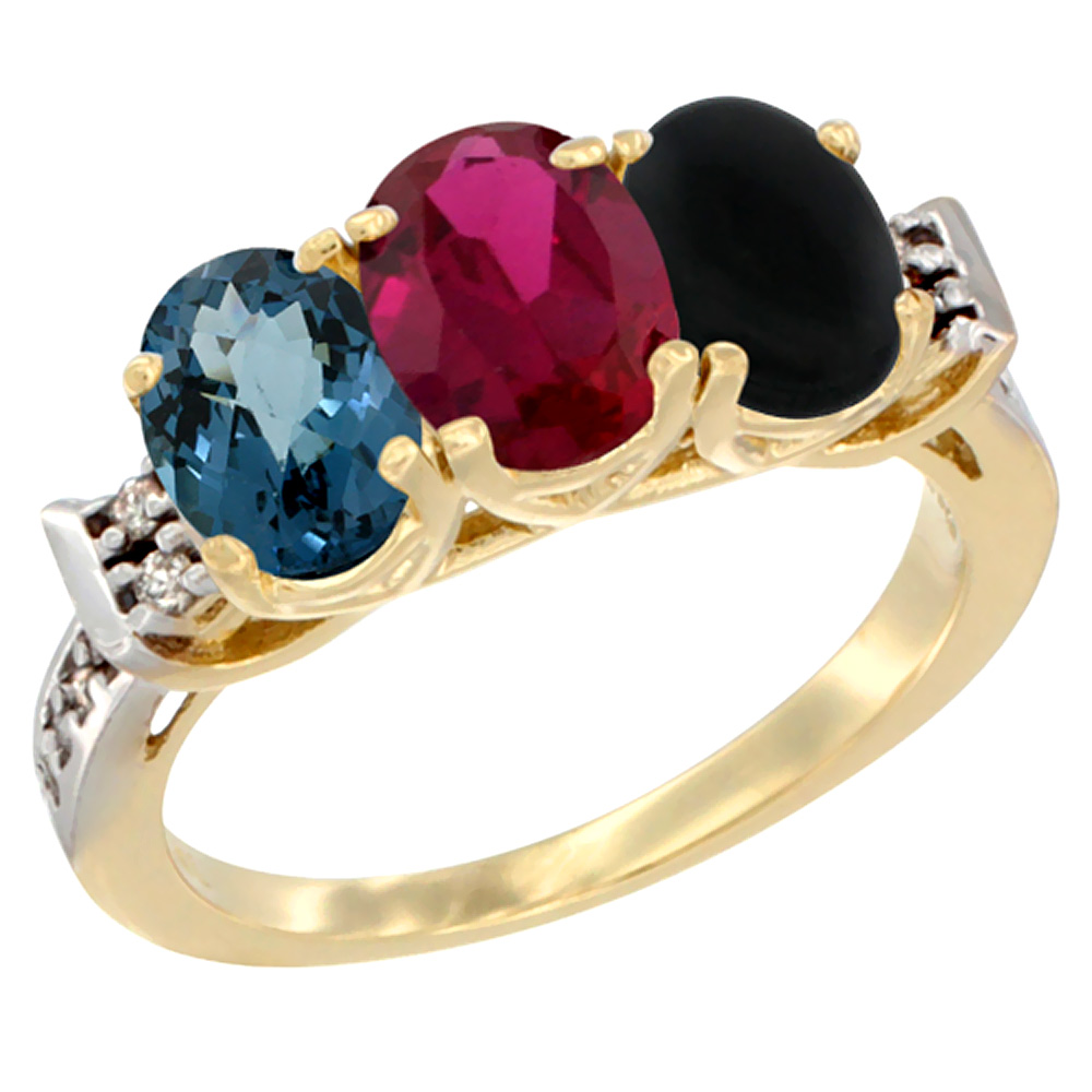 10K Yellow Gold Natural London Blue Topaz, Enhanced Ruby & Natural Black Onyx Ring 3-Stone Oval 7x5 mm Diamond Accent, sizes 5 - 10