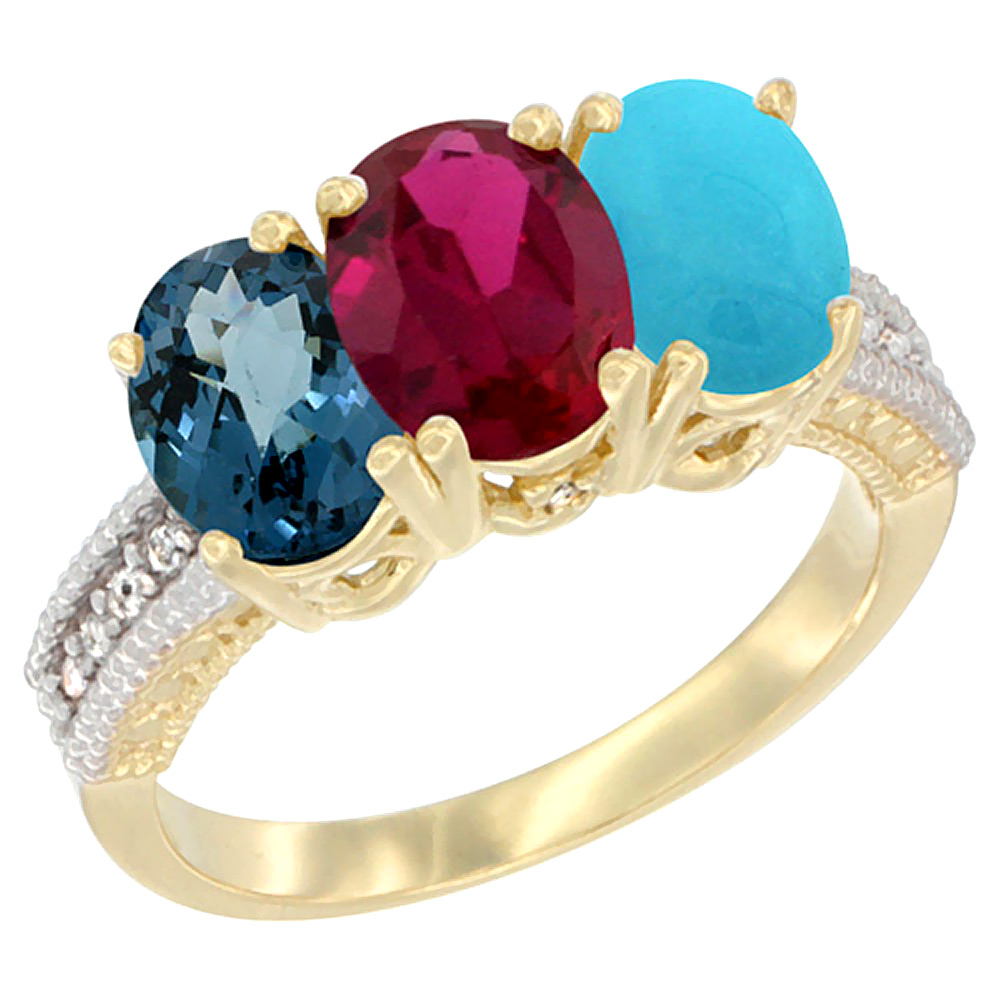 10K Yellow Gold Diamond Natural London Blue Topaz, Ruby &amp; Turquoise Ring 3-Stone Oval 7x5 mm, sizes 5 - 10