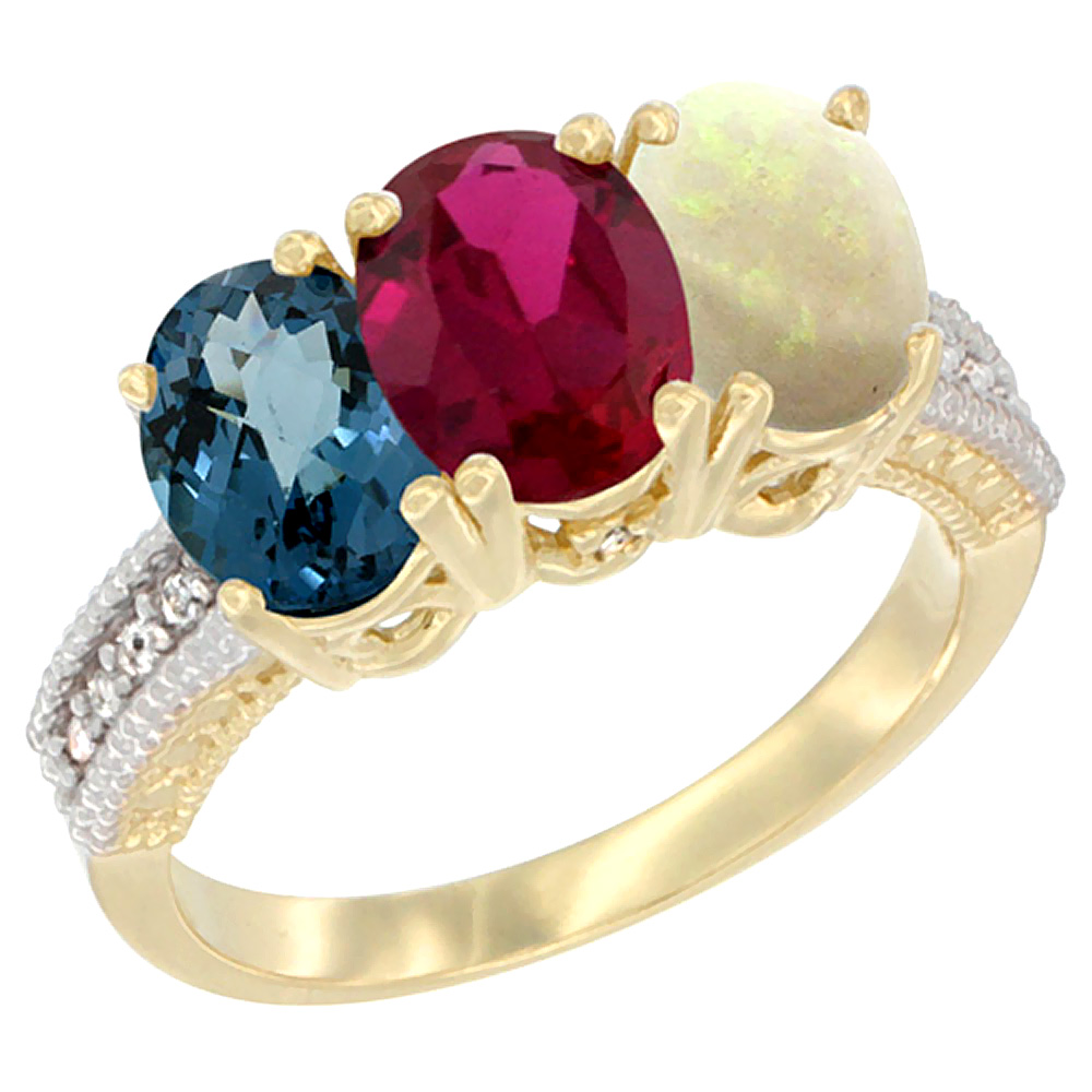 14K Yellow Gold Natural London Blue Topaz, Enhanced Ruby &amp; Natural Opal Ring 3-Stone 7x5 mm Oval Diamond Accent, sizes 5 - 10