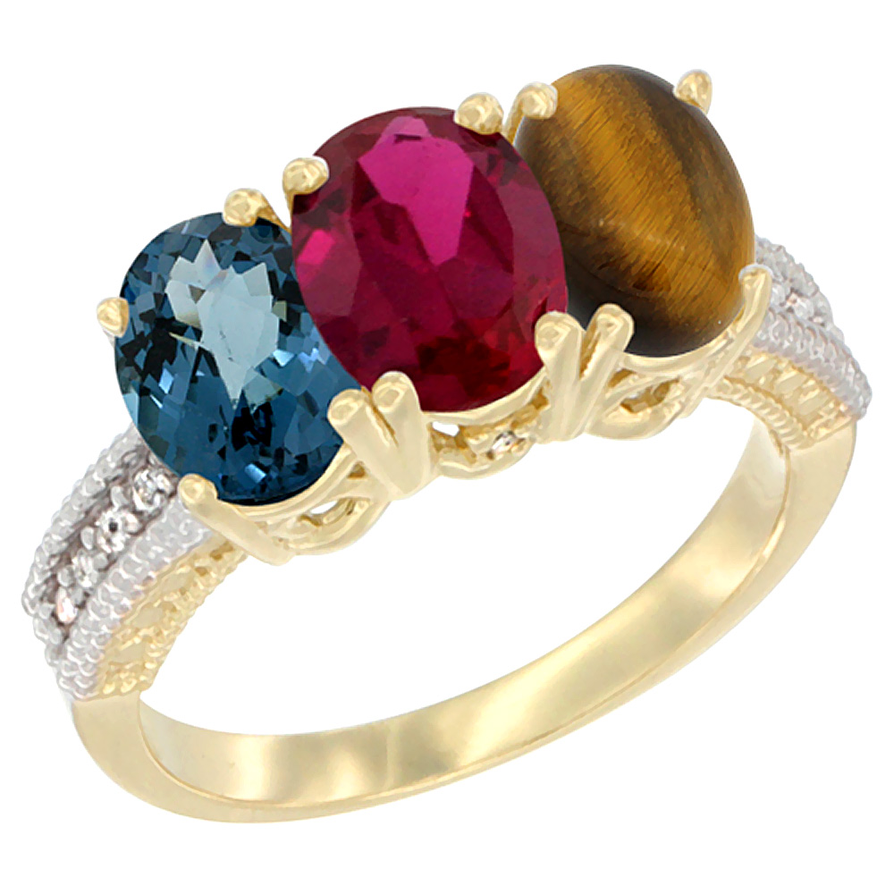 10K Yellow Gold Diamond Natural London Blue Topaz, Ruby &amp; Tiger Eye Ring 3-Stone Oval 7x5 mm, sizes 5 - 10