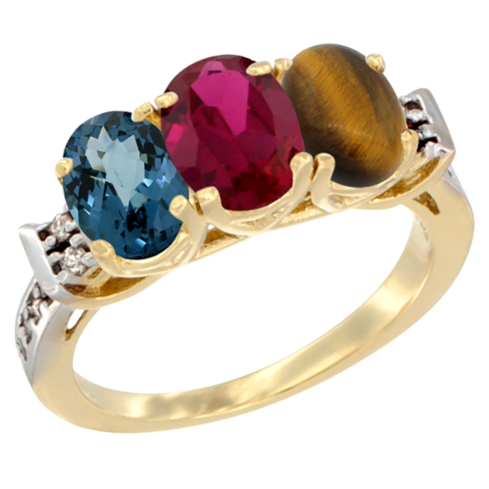10K Yellow Gold Natural London Blue Topaz, Enhanced Ruby & Natural Tiger Eye Ring 3-Stone Oval 7x5 mm Diamond Accent, sizes 5 - 10