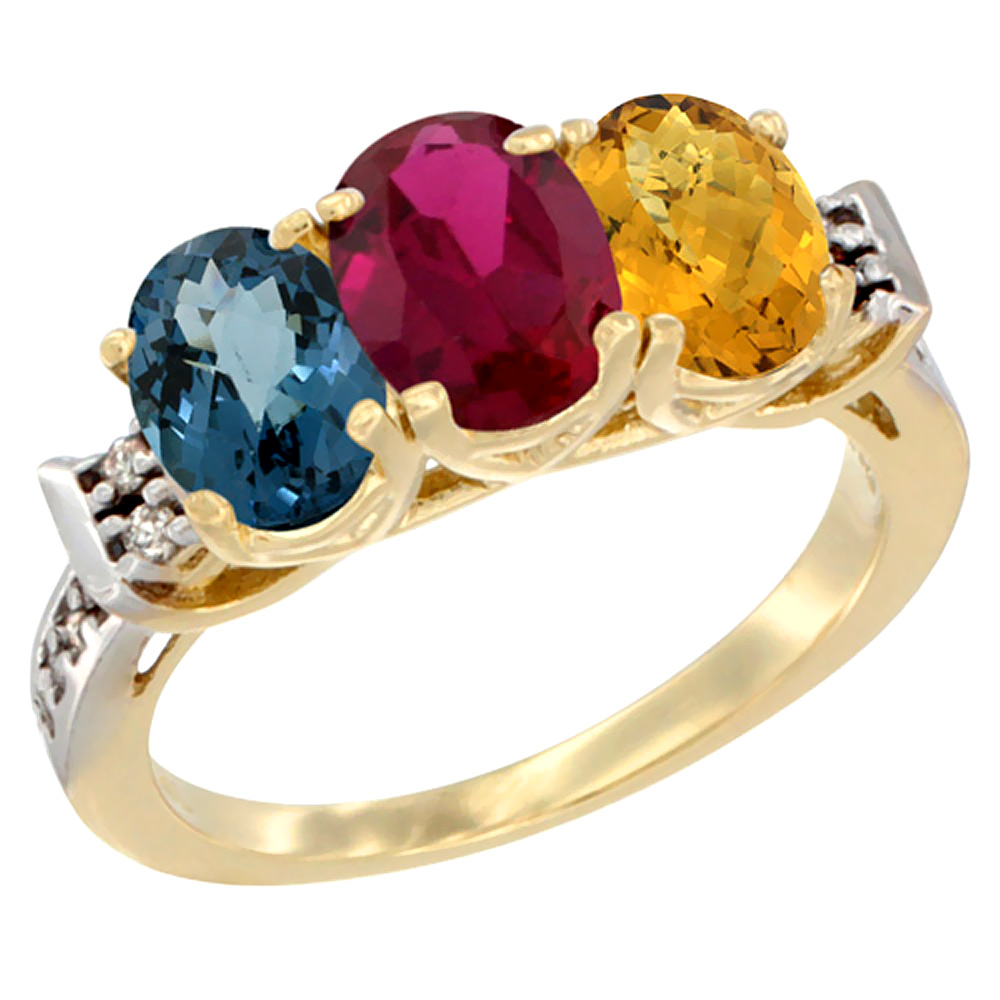 14K Yellow Gold Natural London Blue Topaz, Enhanced Ruby &amp; Natural Whisky Quartz Ring 3-Stone 7x5 mm Oval Diamond Accent, sizes 5 - 10