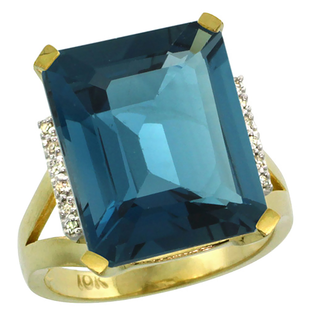 10K Yellow Gold Diamond Natural London Blue Topaz Ring Emerald-cut 16x12mm, sizes 5-10