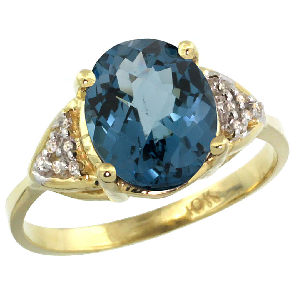 14k Yellow Gold Diamond Natural London Blue Topaz Engagement Ring Oval 10x8mm, sizes 5-10