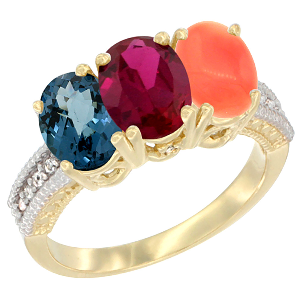 10K Yellow Gold Diamond Natural London Blue Topaz, Ruby & Coral Ring 3-Stone Oval 7x5 mm, sizes 5 - 10