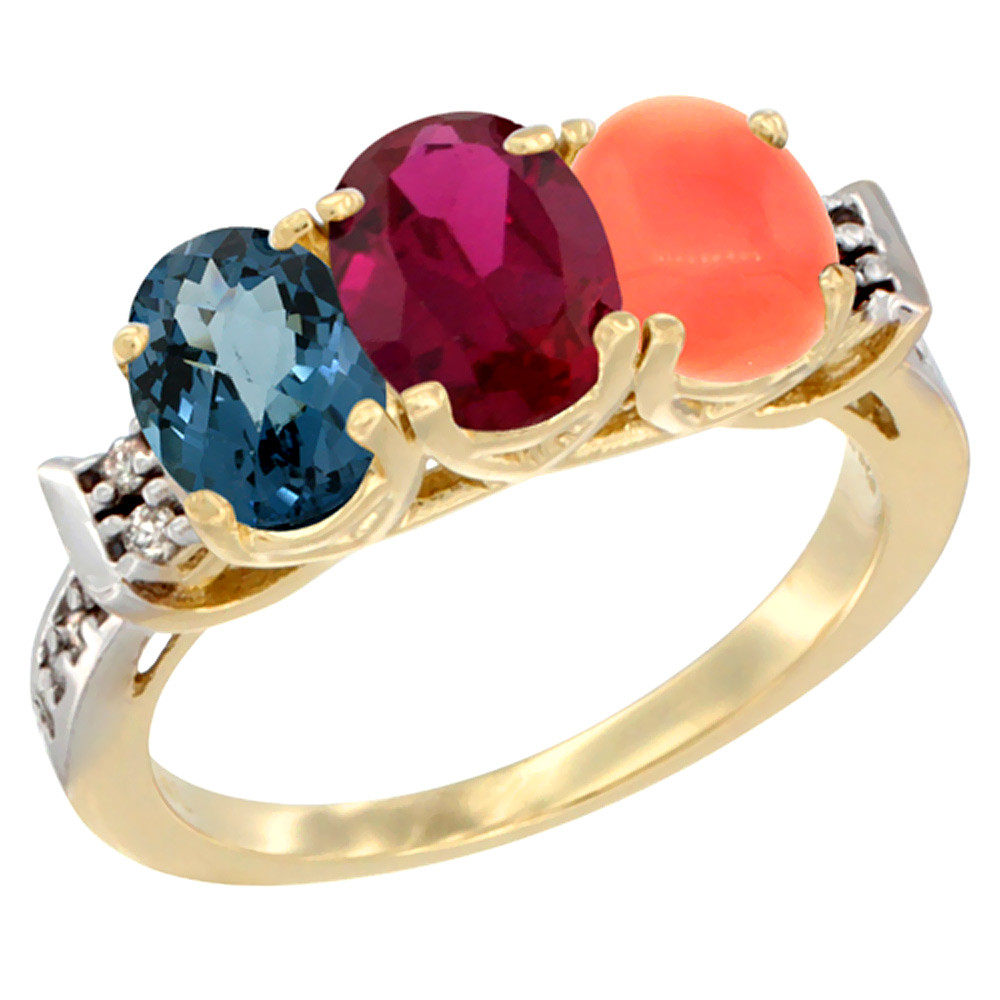 14K Yellow Gold Natural London Blue Topaz, Enhanced Ruby &amp; Natural Coral Ring 3-Stone 7x5 mm Oval Diamond Accent, sizes 5 - 10