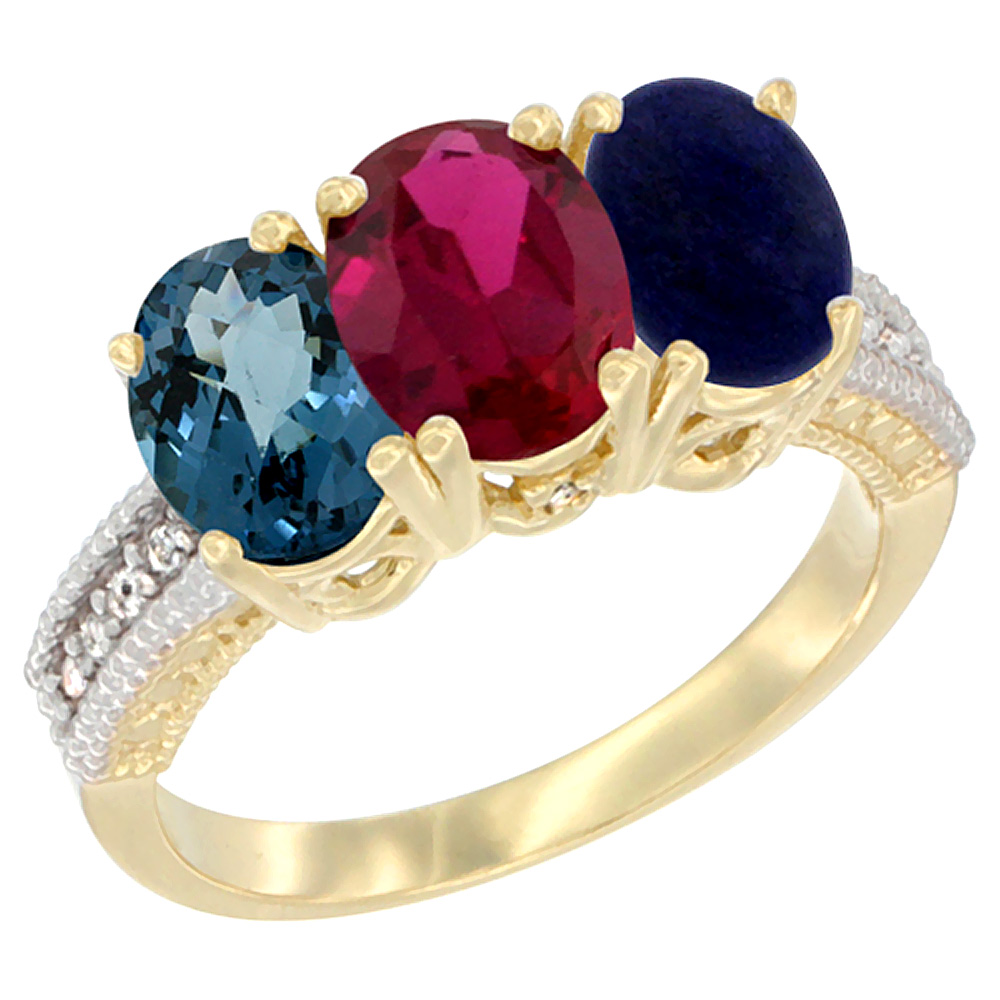14K Yellow Gold Natural London Blue Topaz, Enhanced Ruby & Natural Lapis Ring 3-Stone 7x5 mm Oval Diamond Accent, sizes 5 - 10