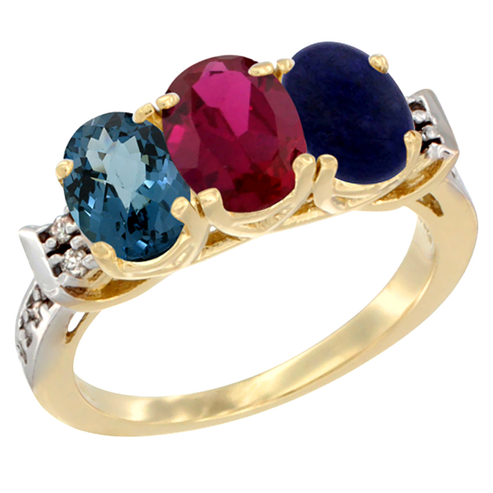 10K Yellow Gold Natural London Blue Topaz, Enhanced Ruby & Natural Lapis Ring 3-Stone Oval 7x5 mm Diamond Accent, sizes 5 - 10