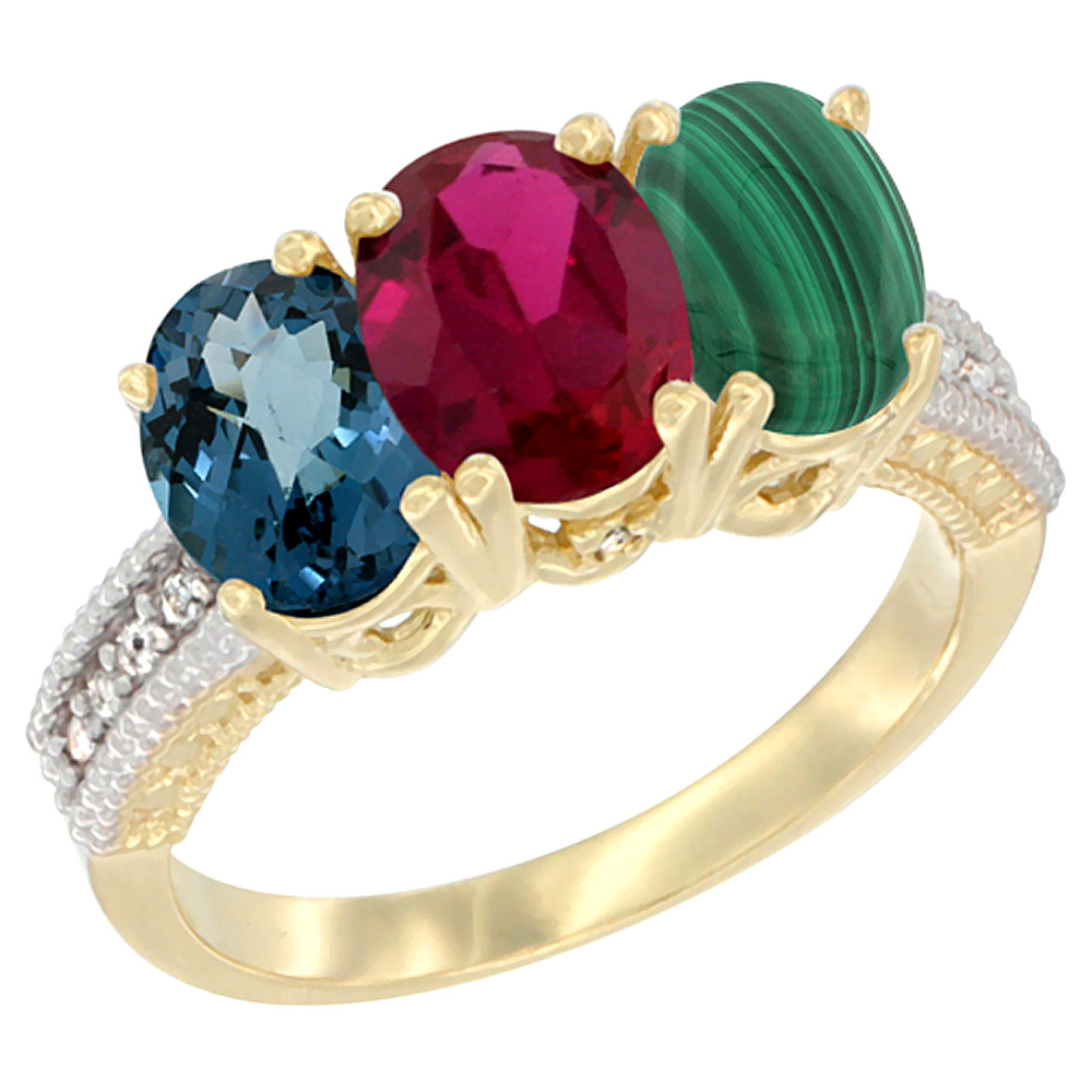 14K Yellow Gold Natural London Blue Topaz, Enhanced Ruby &amp; Natural Malachite Ring 3-Stone 7x5 mm Oval Diamond Accent, sizes 5 - 10