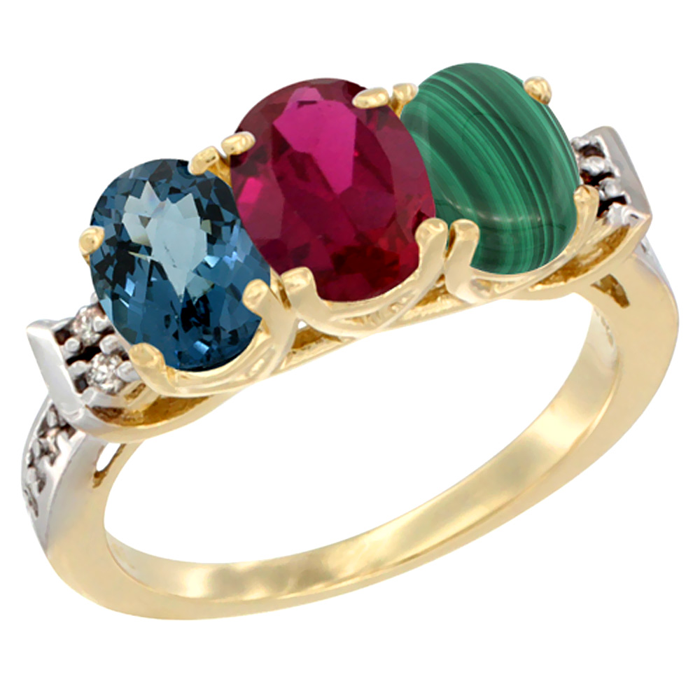 10K Yellow Gold Natural London Blue Topaz, Enhanced Ruby & Natural Malachite Ring 3-Stone Oval 7x5 mm Diamond Accent, sizes 5 - 10