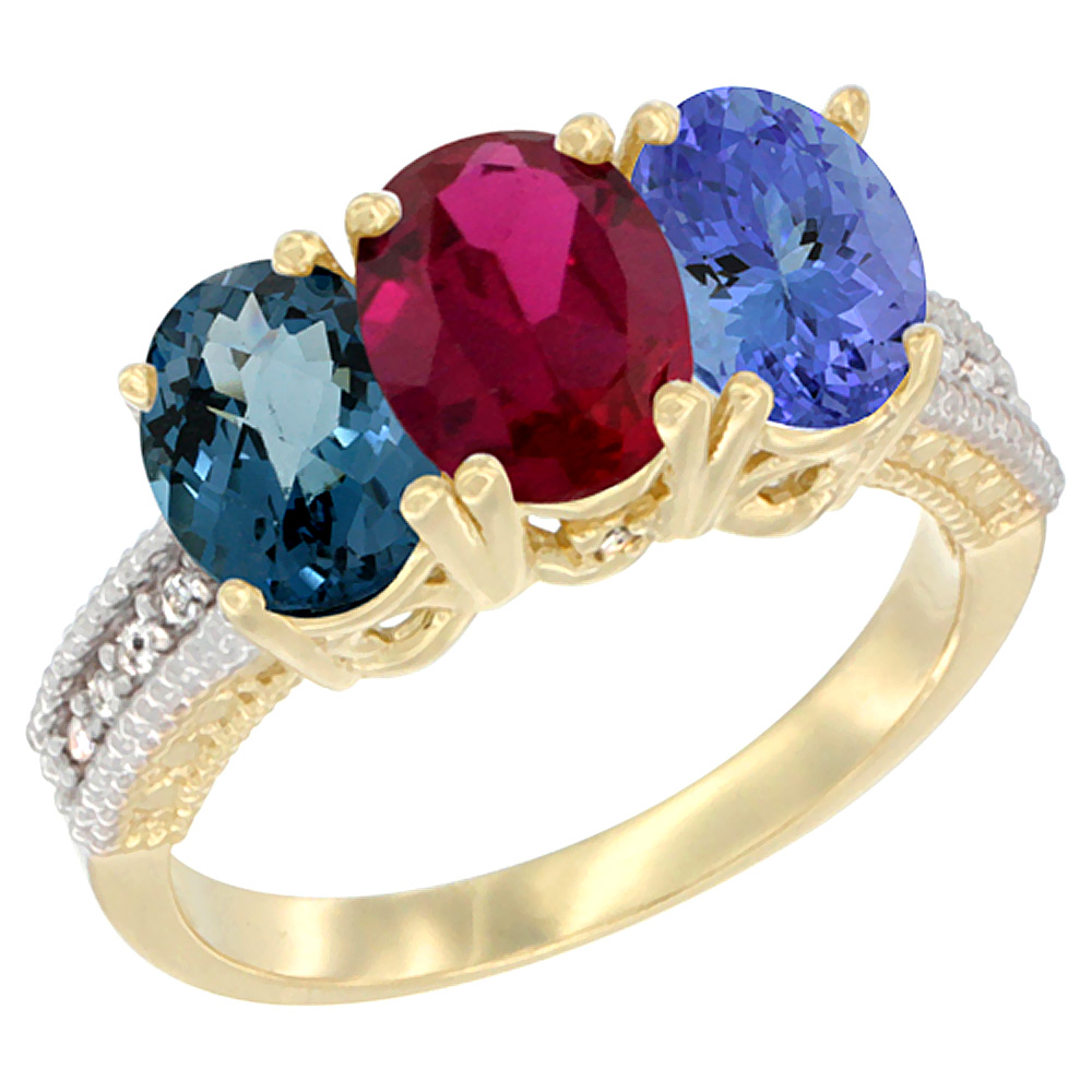 10K Yellow Gold Diamond Natural London Blue Topaz, Ruby & Tanzanite Ring 3-Stone Oval 7x5 mm, sizes 5 - 10