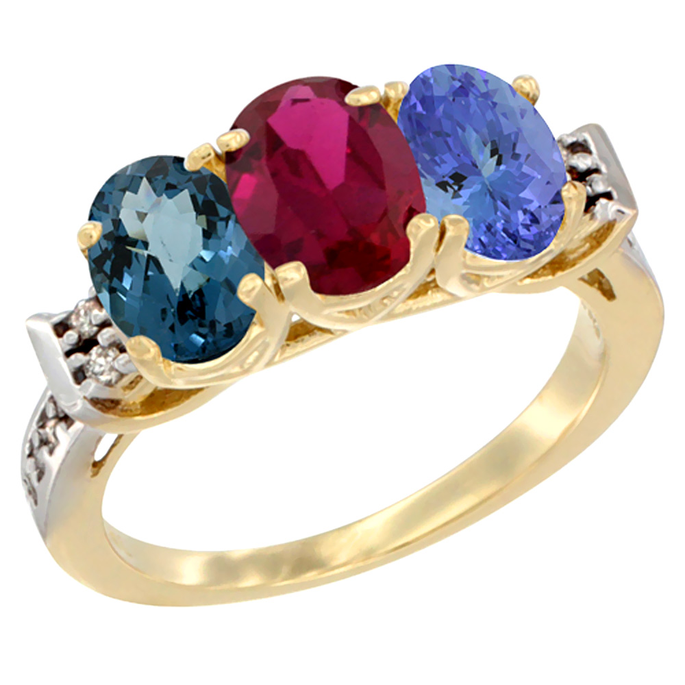 10K Yellow Gold Natural London Blue Topaz, Enhanced Ruby & Natural Tanzanite Ring 3-Stone Oval 7x5 mm Diamond Accent, sizes 5 - 10