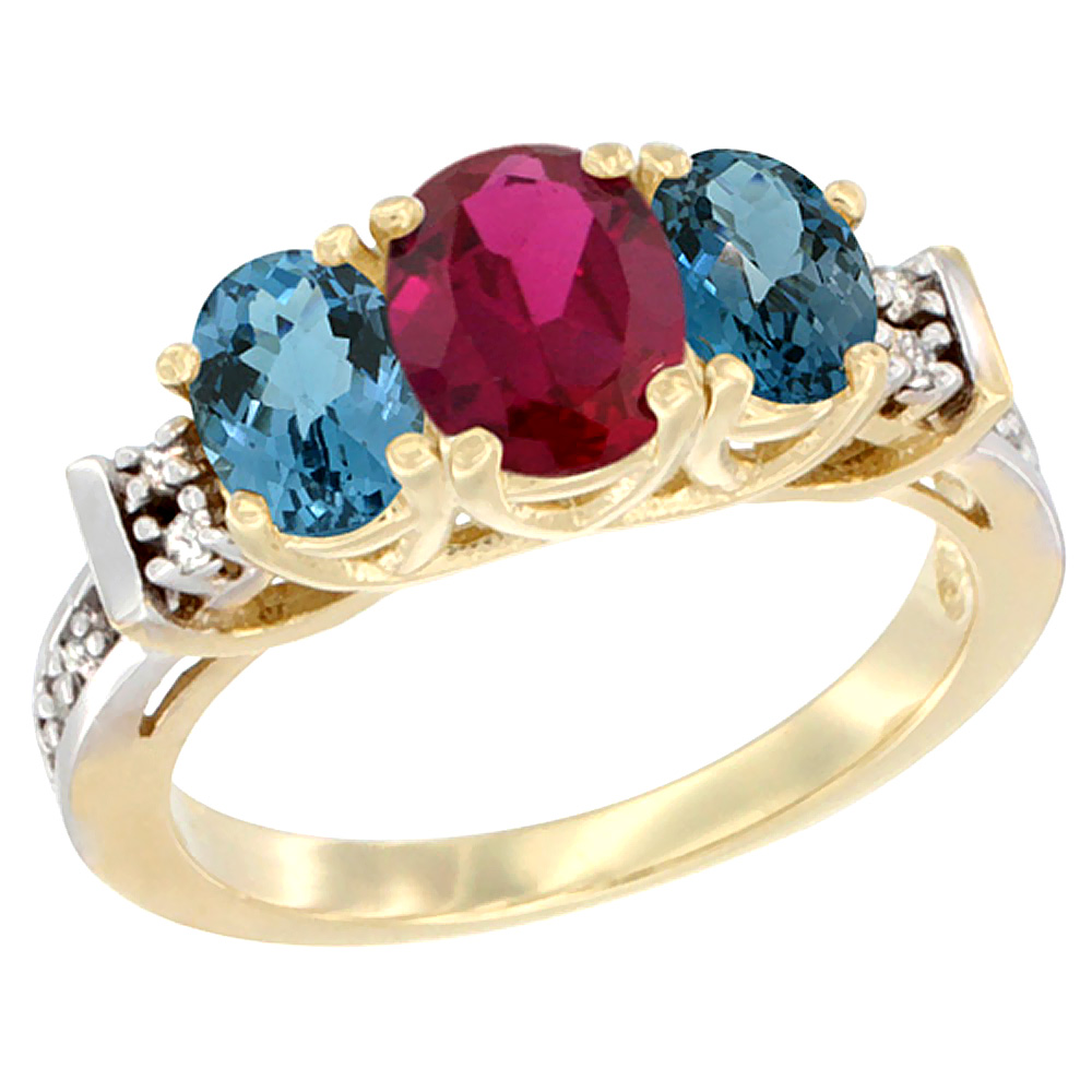 10K Yellow Gold Natural High Quality Ruby & London Blue Ring 3-Stone Oval Diamond Accent
