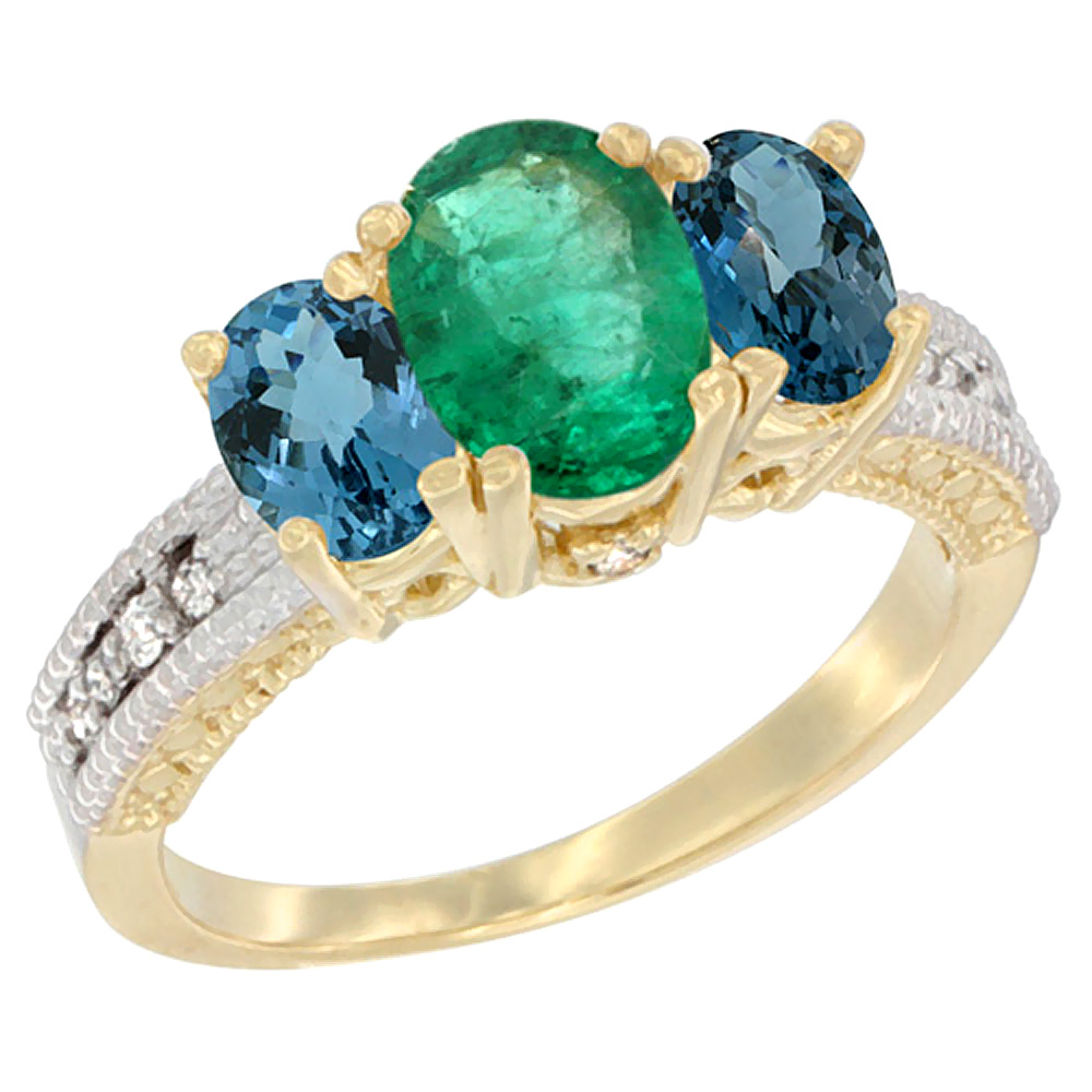 14K Yellow Gold Diamond Natural Emerald Ring Oval 3-stone with London Blue Topaz, sizes 5 - 10
