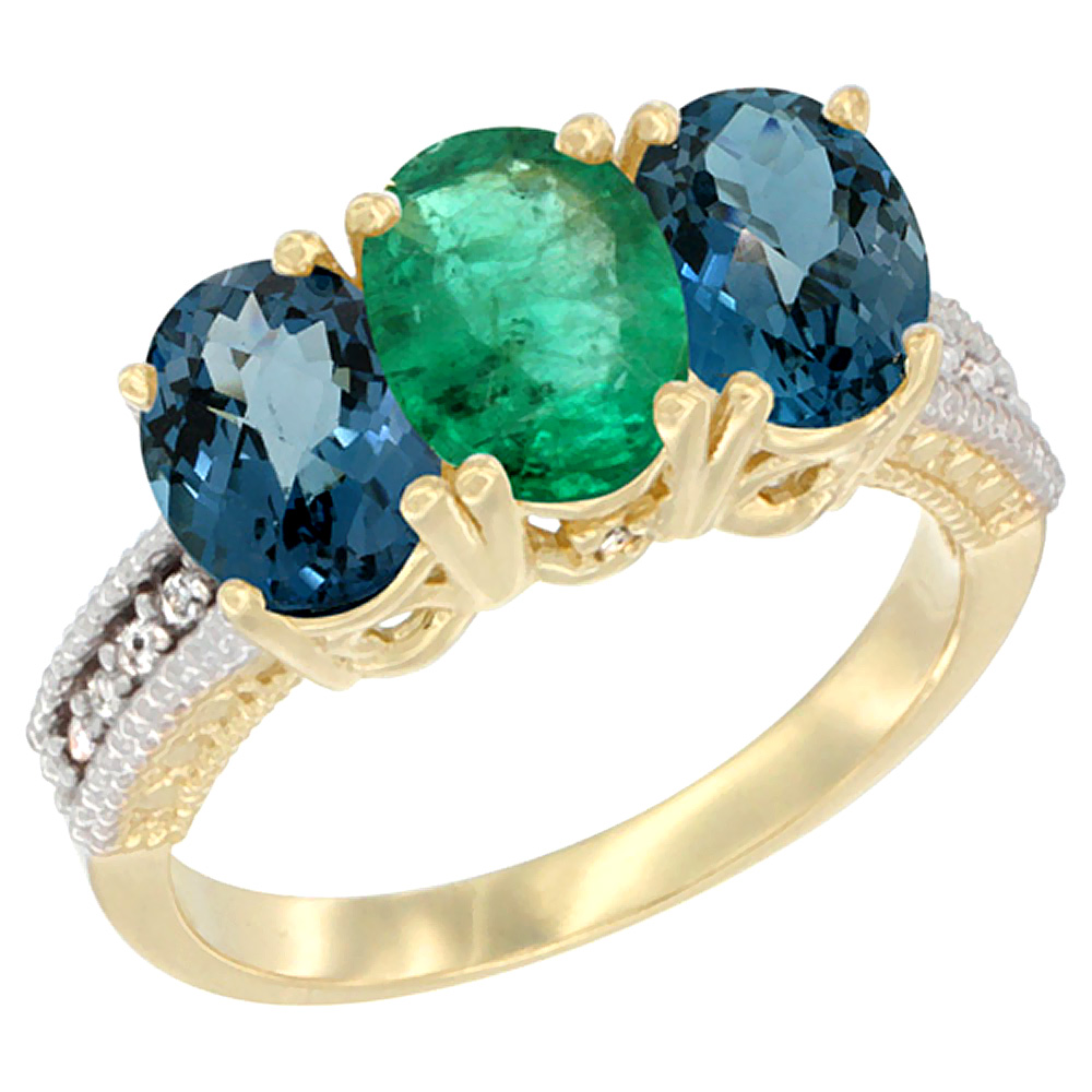 14K Yellow Gold Natural Emerald & London Blue Topaz Sides Ring 3-Stone 7x5 mm Oval Diamond Accent, sizes 5 - 10