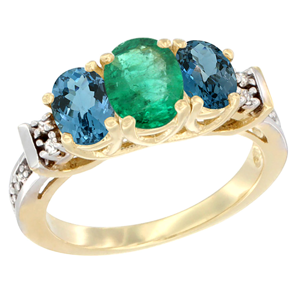 14K Yellow Gold Natural Emerald & London Blue Ring 3-Stone Oval Diamond Accent