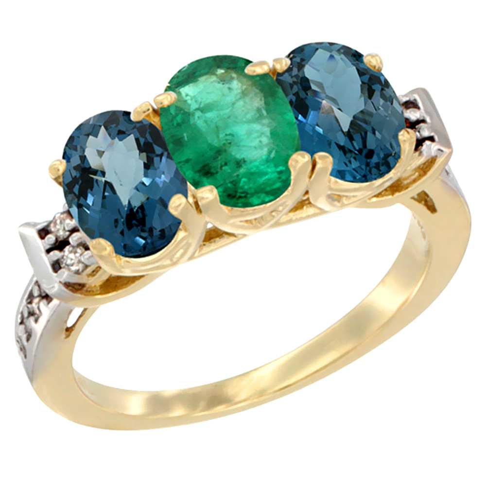 10K Yellow Gold Natural Emerald &amp; London Blue Topaz Sides Ring 3-Stone Oval 7x5 mm Diamond Accent, sizes 5 - 10