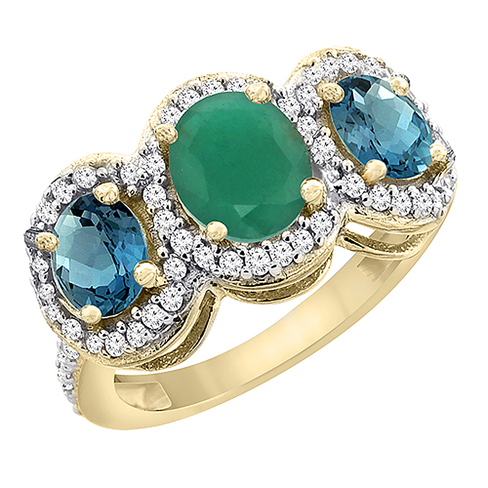 14K Yellow Gold Natural Emerald &amp; London Blue Topaz 3-Stone Ring Oval Diamond Accent, sizes 5 - 10