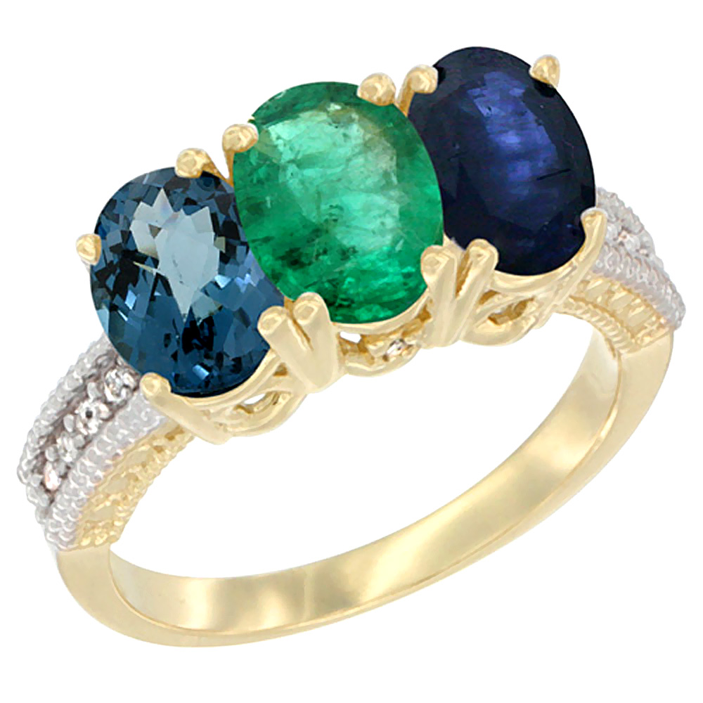 10K Yellow Gold Diamond Natural London Blue Topaz, Emerald &amp; Blue Sapphire Ring 3-Stone Oval 7x5 mm, sizes 5 - 10
