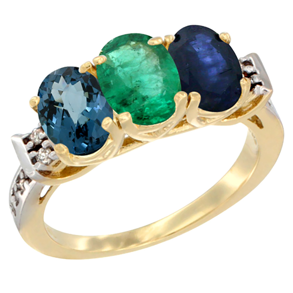 10K Yellow Gold Natural London Blue Topaz, Emerald & Blue Sapphire Ring 3-Stone Oval 7x5 mm Diamond Accent, sizes 5 - 10