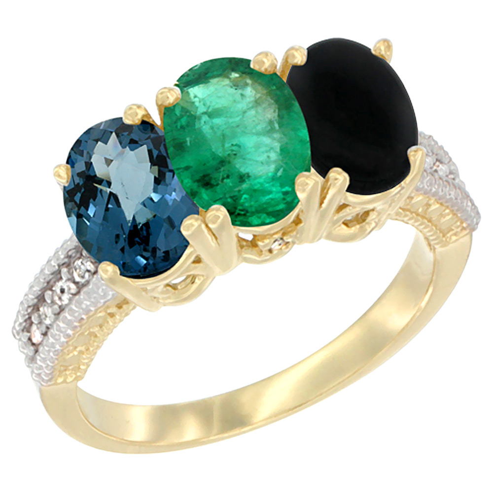 10K Yellow Gold Diamond Natural London Blue Topaz, Emerald & Black Onyx Ring 3-Stone Oval 7x5 mm, sizes 5 - 10