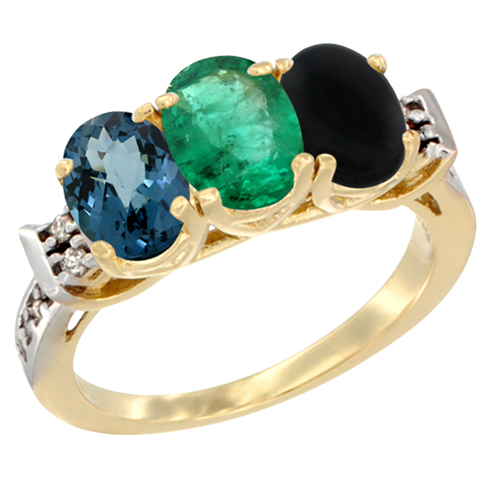 10K Yellow Gold Natural London Blue Topaz, Emerald &amp; Black Onyx Ring 3-Stone Oval 7x5 mm Diamond Accent, sizes 5 - 10