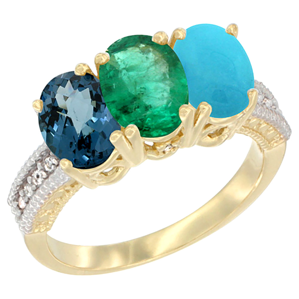 10K Yellow Gold Diamond Natural London Blue Topaz, Emerald & Turquoise Ring 3-Stone Oval 7x5 mm, sizes 5 - 10