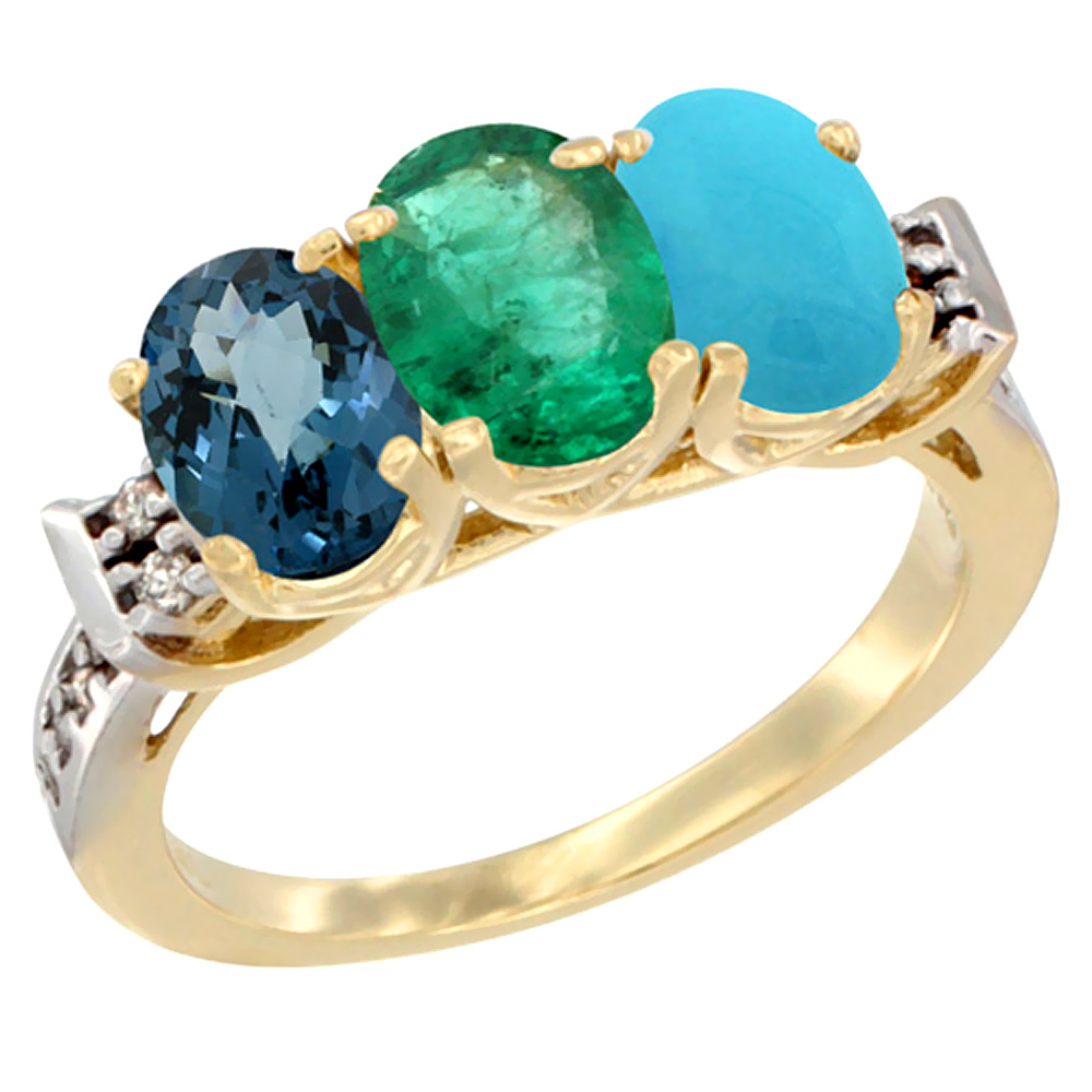 10K Yellow Gold Natural London Blue Topaz, Emerald & Turquoise Ring 3-Stone Oval 7x5 mm Diamond Accent, sizes 5 - 10
