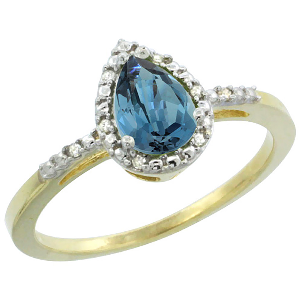 14K Yellow Gold Diamond Natural London Blue Topaz Ring Pear 7x5mm, sizes 5-10