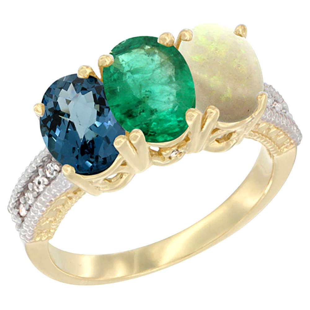 14K Yellow Gold Natural London Blue Topaz, Emerald &amp; Opal Ring 3-Stone 7x5 mm Oval Diamond Accent, sizes 5 - 10