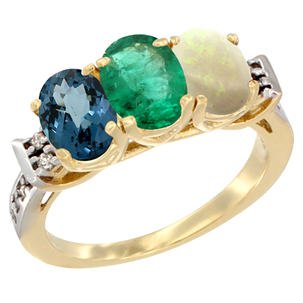 10K Yellow Gold Natural London Blue Topaz, Emerald & Opal Ring 3-Stone Oval 7x5 mm Diamond Accent, sizes 5 - 10